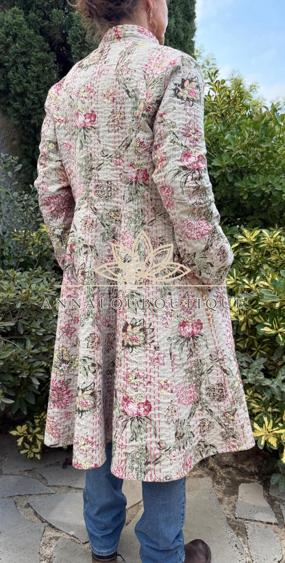 Beige & Pink Hydrangea Cotton Frock Coat, Long Floral Boho Chic Jacket, Elegant Mid-Season Coat, Handmade Limited Edition