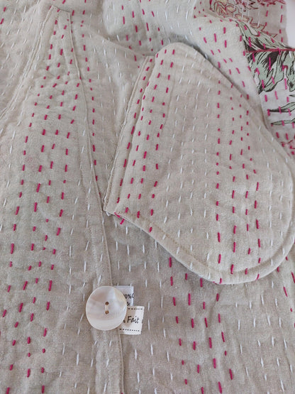 Beige & Pink Hydrangea Cotton Frock Coat, Long Floral Boho Chic Jacket, Elegant Mid-Season Coat, Handmade Limited Edition