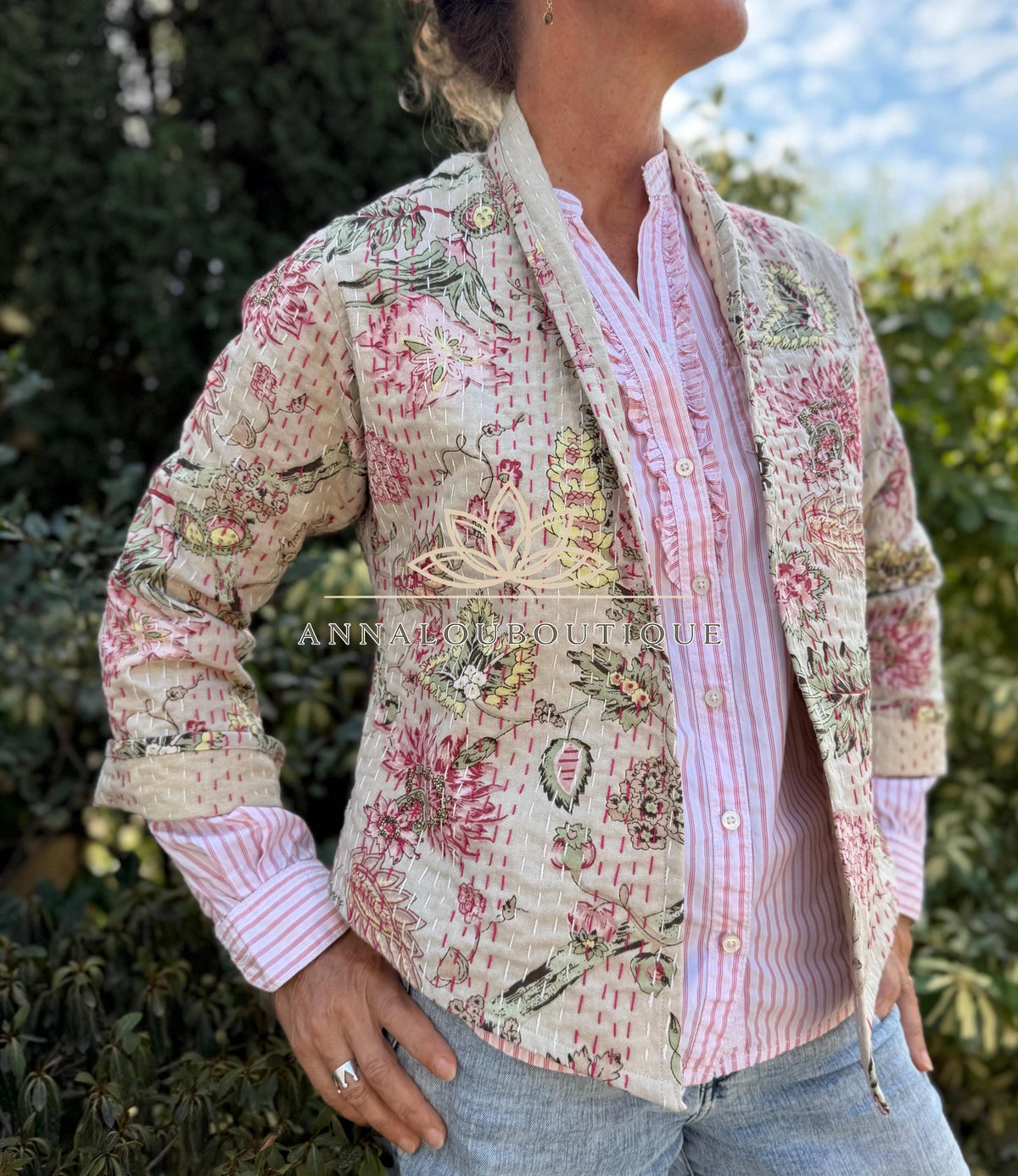 Beige Floral Cotton Kimono Jacket, Hand Embroidered Boho Cardigan, Trumpet Sleeve Mid-Season Jacket, Handmade Women’s Clothing