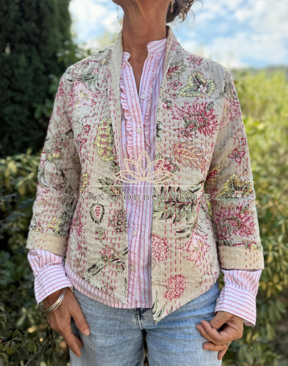 Beige Floral Cotton Kimono Jacket, Hand Embroidered Boho Cardigan, Trumpet Sleeve Mid-Season Jacket, Handmade Women’s Clothing