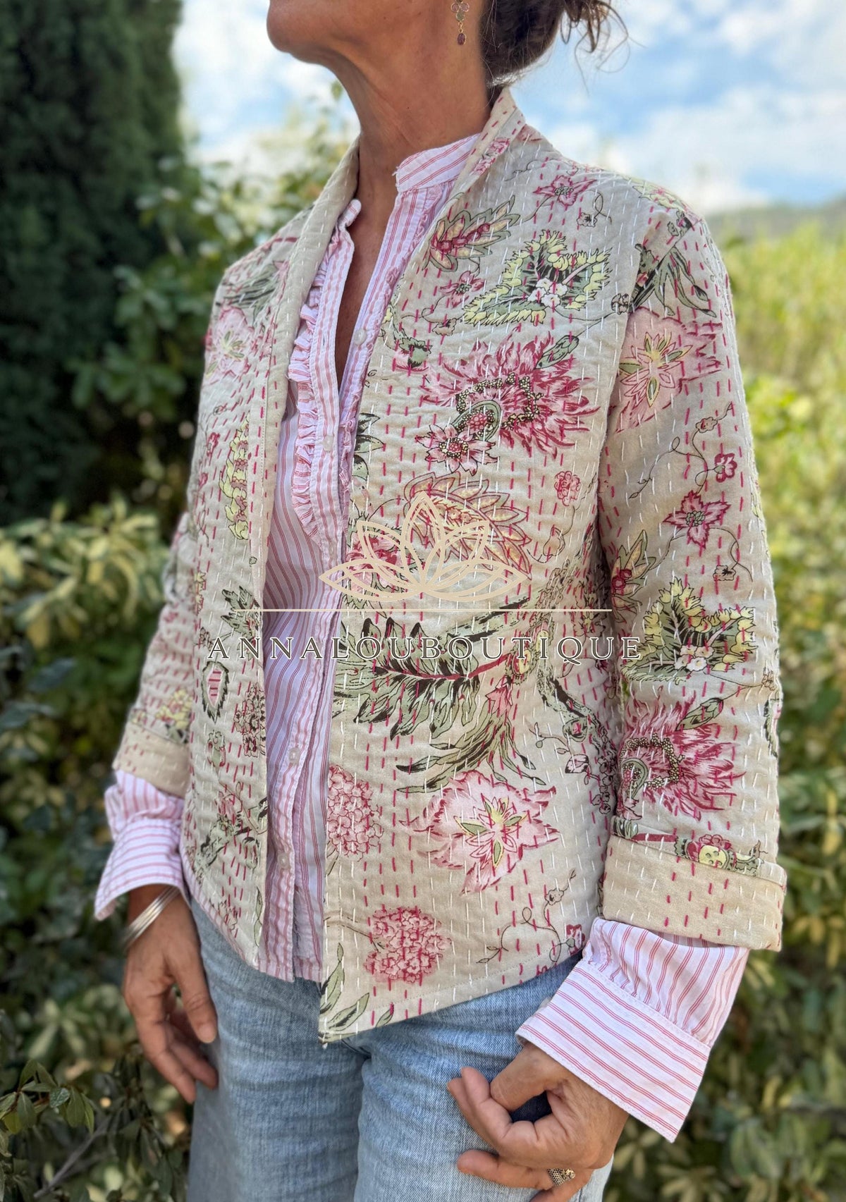 Beige Floral Cotton Kimono Jacket, Hand Embroidered Boho Cardigan, Trumpet Sleeve Mid-Season Jacket, Handmade Women’s Clothing