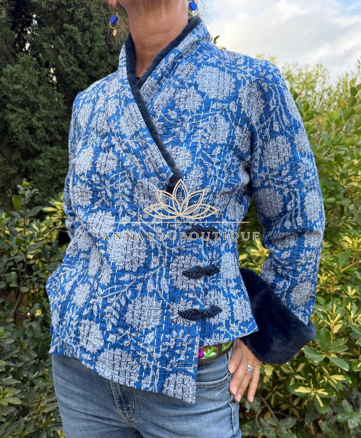 Navy Blue Floral Cotton Wrap Jacket, Faux Fur Collar & Cuffs, Boho Chic Handmade Jacket, Limited Edition