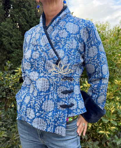 Navy Blue Floral Cotton Wrap Jacket, Faux Fur Collar & Cuffs, Boho Chic Handmade Jacket, Limited Edition
