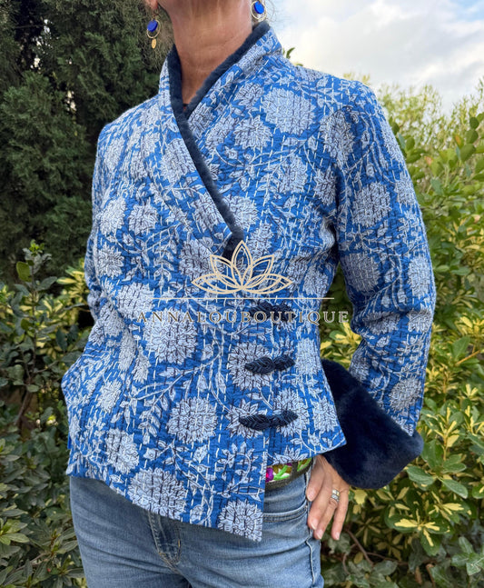 Navy Blue Floral Cotton Wrap Jacket, Faux Fur Collar & Cuffs, Boho Chic Handmade Jacket, Limited Edition