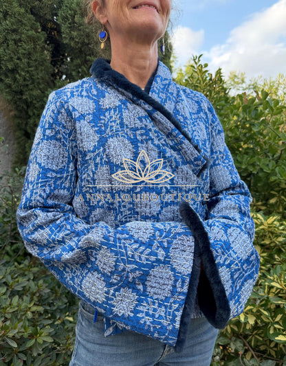 Navy Blue Floral Cotton Wrap Jacket, Faux Fur Collar & Cuffs, Boho Chic Handmade Jacket, Limited Edition