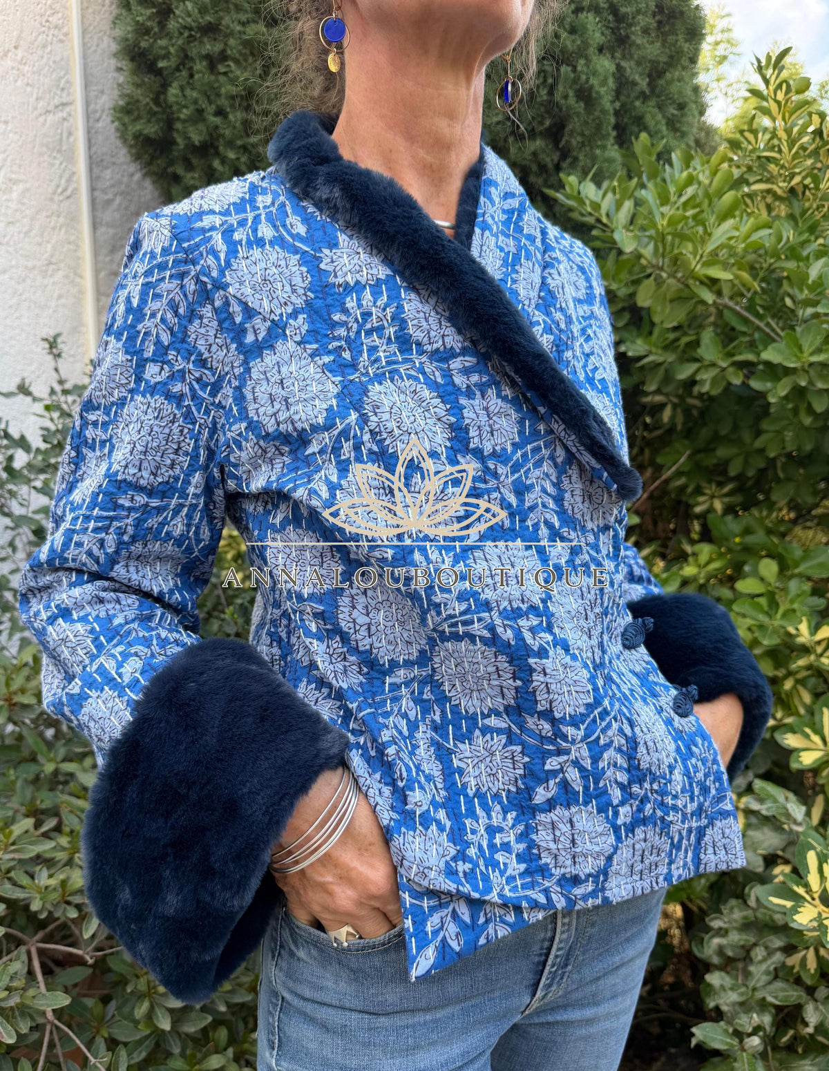 Navy Blue Floral Cotton Wrap Jacket, Faux Fur Collar & Cuffs, Boho Chic Handmade Jacket, Limited Edition