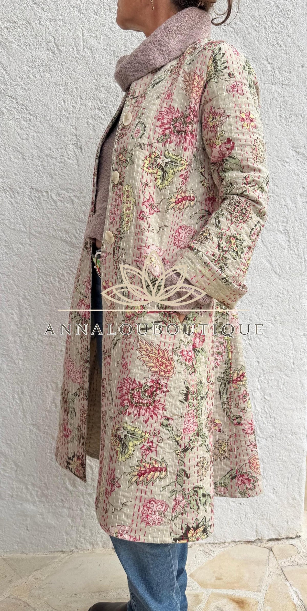 Beige & Pink Hydrangea Cotton Frock Coat, Long Floral Boho Chic Jacket, Elegant Mid-Season Coat, Handmade Limited Edition