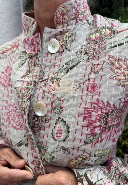 Beige & Pink Hydrangea Cotton Frock Coat, Long Floral Boho Chic Jacket, Elegant Mid-Season Coat, Handmade Limited Edition