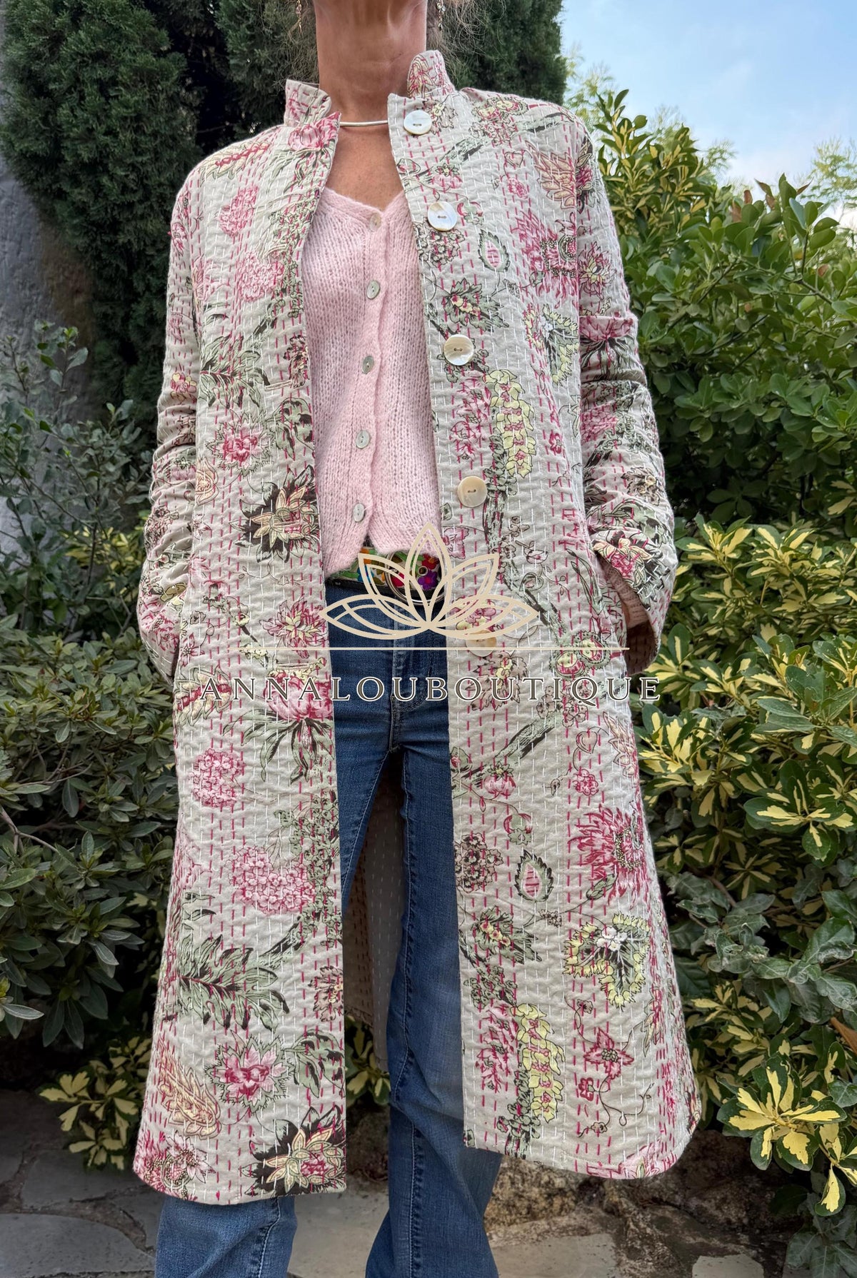 Beige & Pink Hydrangea Cotton Frock Coat, Long Floral Boho Chic Jacket, Elegant Mid-Season Coat, Handmade Limited Edition