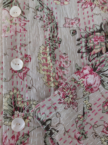 Beige & Pink Hydrangea Cotton Frock Coat, Long Floral Boho Chic Jacket, Elegant Mid-Season Coat, Handmade Limited Edition