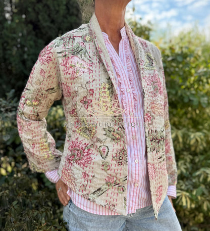 Beige Floral Cotton Kimono Jacket, Hand Embroidered Boho Cardigan, Trumpet Sleeve Mid-Season Jacket, Handmade Women’s Clothing