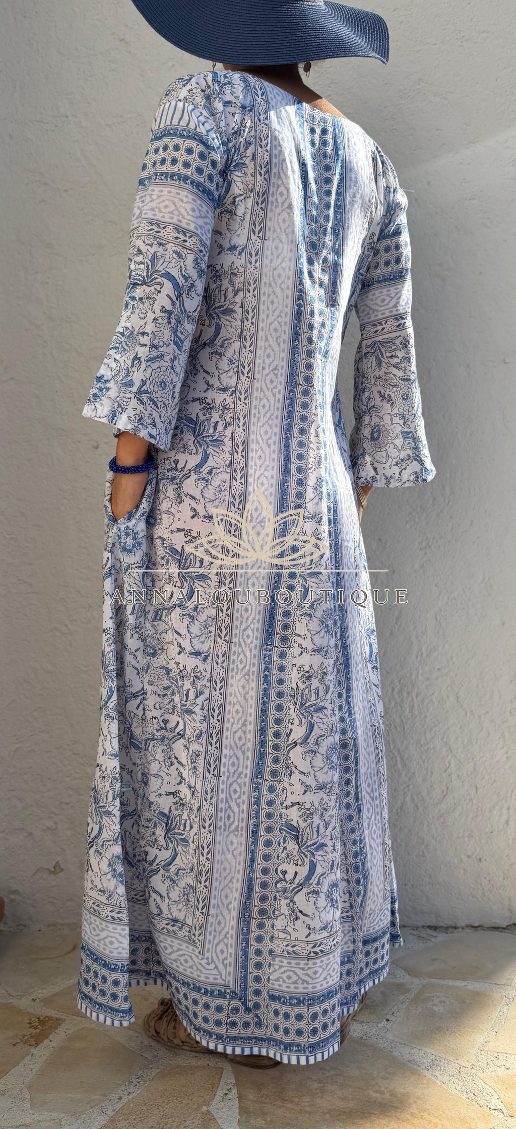 Long Soft Cotton Kaftan – Light Blue Floral Beach Cover Up, Flowy Boho Summer Dress, Breathable Cotton Resort Wear, Handmade Fashion Annalou Design
