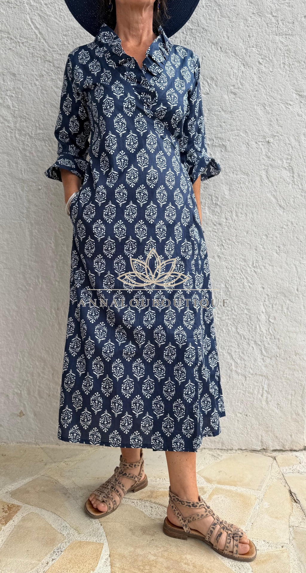 Long Cotton Wrap Dress – Navy Blue Diamond Print Boho Maxi Dress, Ruffled Collar 3/4 Sleeve Wedding Guest Dress Annalou Design