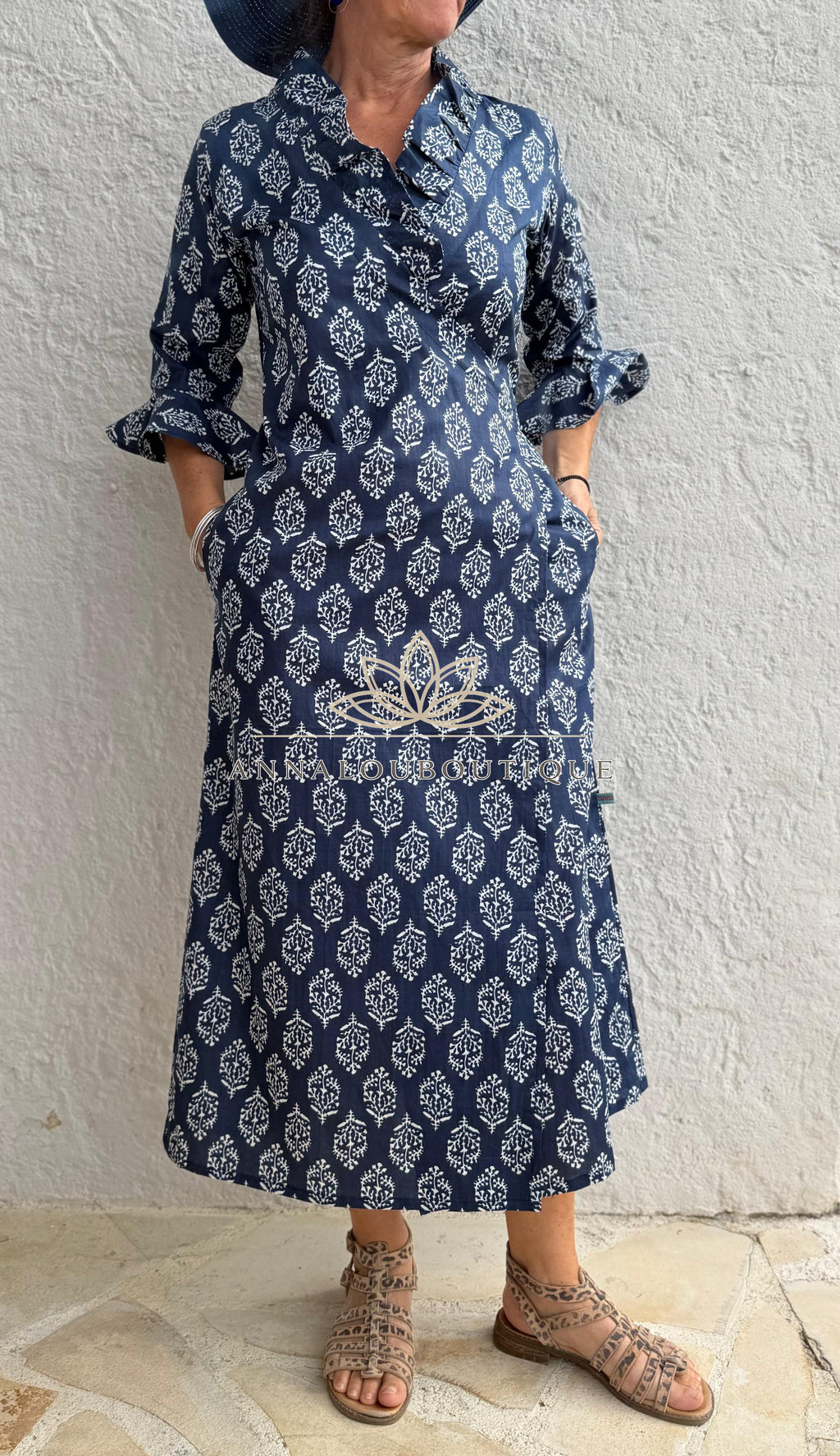 Long Cotton Wrap Dress – Navy Blue Diamond Print Boho Maxi Dress, Ruffled Collar 3/4 Sleeve Wedding Guest Dress Annalou Design