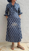 Long Cotton Wrap Dress – Navy Blue Diamond Print Boho Maxi Dress, Ruffled Collar 3/4 Sleeve Wedding Guest Dress Annalou Design