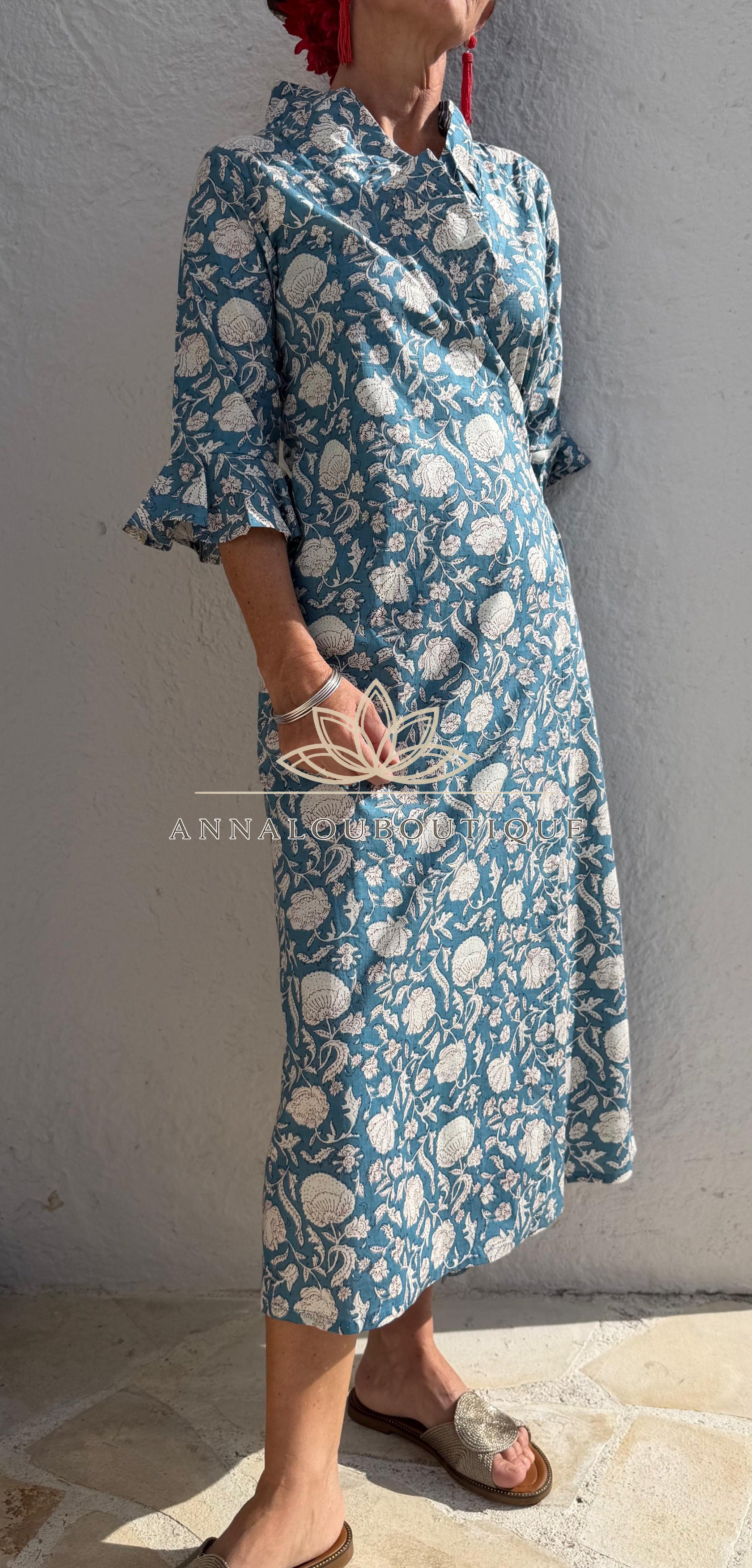 Long Floral Wrap Dress – Blue Grey Boho Chic Maxi Dress, Flowy Cotton Summer Resort Wear Annalou Design