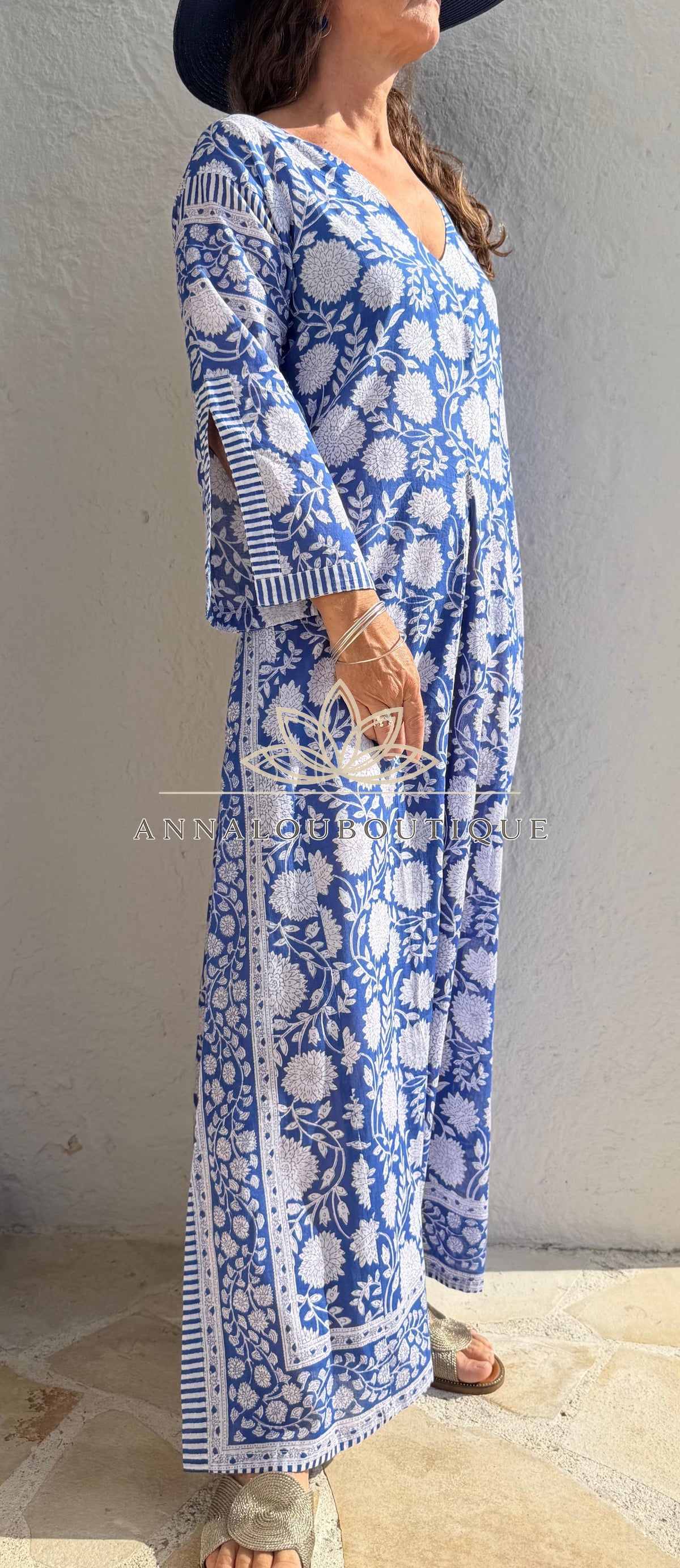 Long navy floral cotton kaftan
