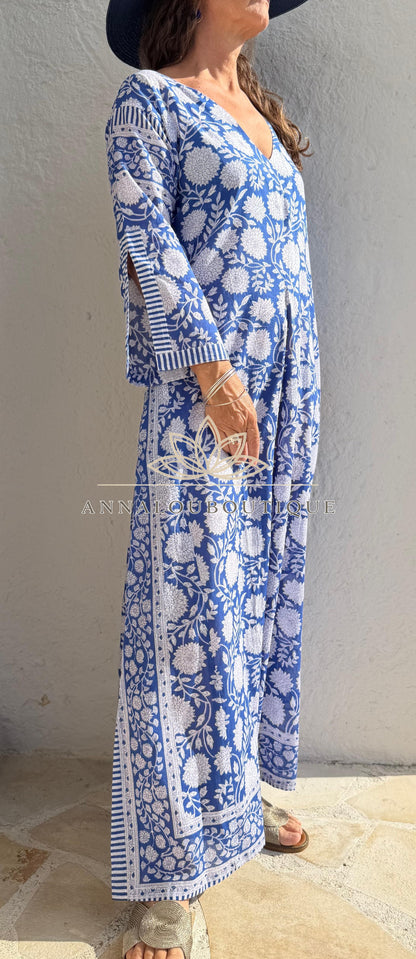 Long navy floral cotton kaftan
