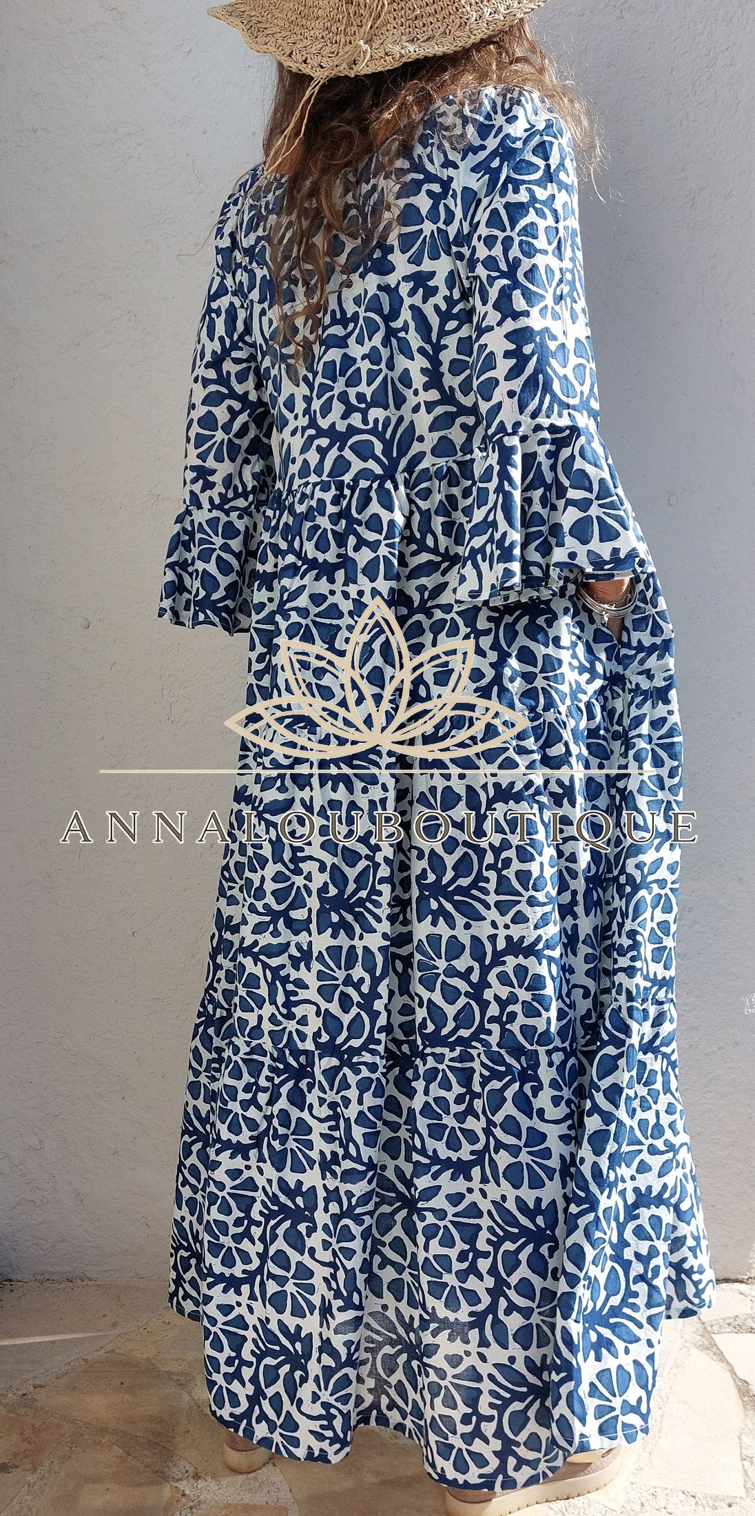 Boheme Chic Cotton Maxi Dress – Navy Blue Summer Outfit Annalou Design
