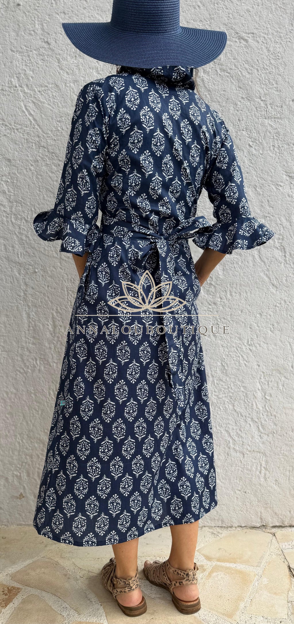 Long Cotton Wrap Dress – Navy Blue Diamond Print Boho Maxi Dress, Ruffled Collar 3/4 Sleeve Wedding Guest Dress Annalou Design