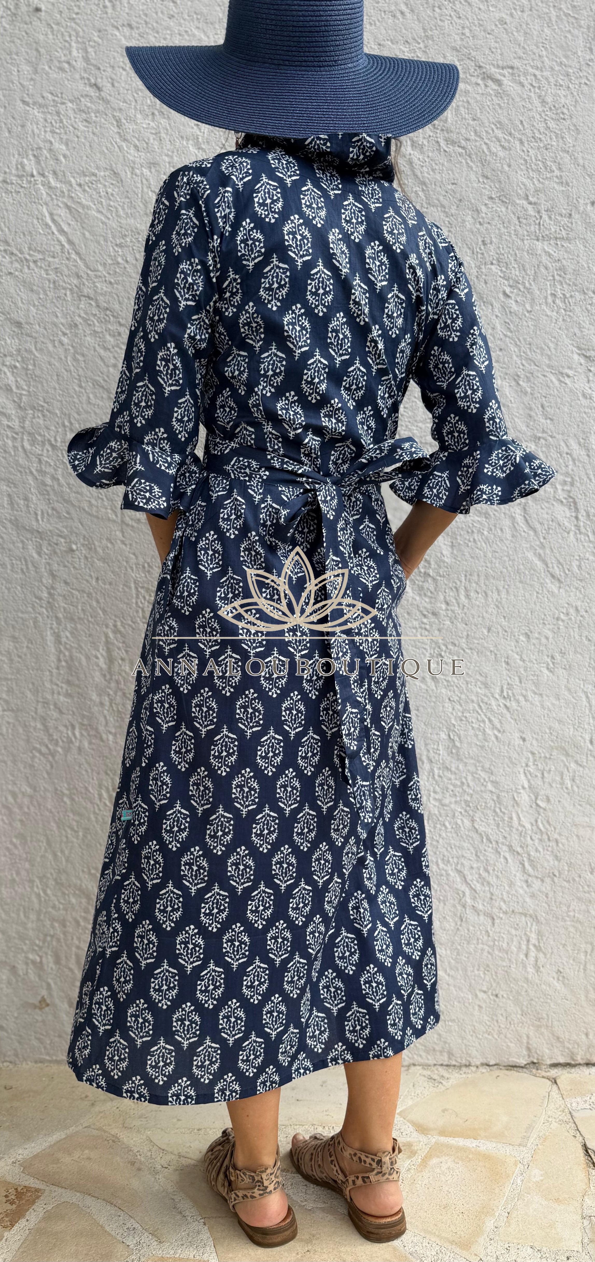 Long Cotton Wrap Dress – Navy Blue Diamond Print Boho Maxi Dress, Ruffled Collar 3/4 Sleeve Wedding Guest Dress Annalou Design