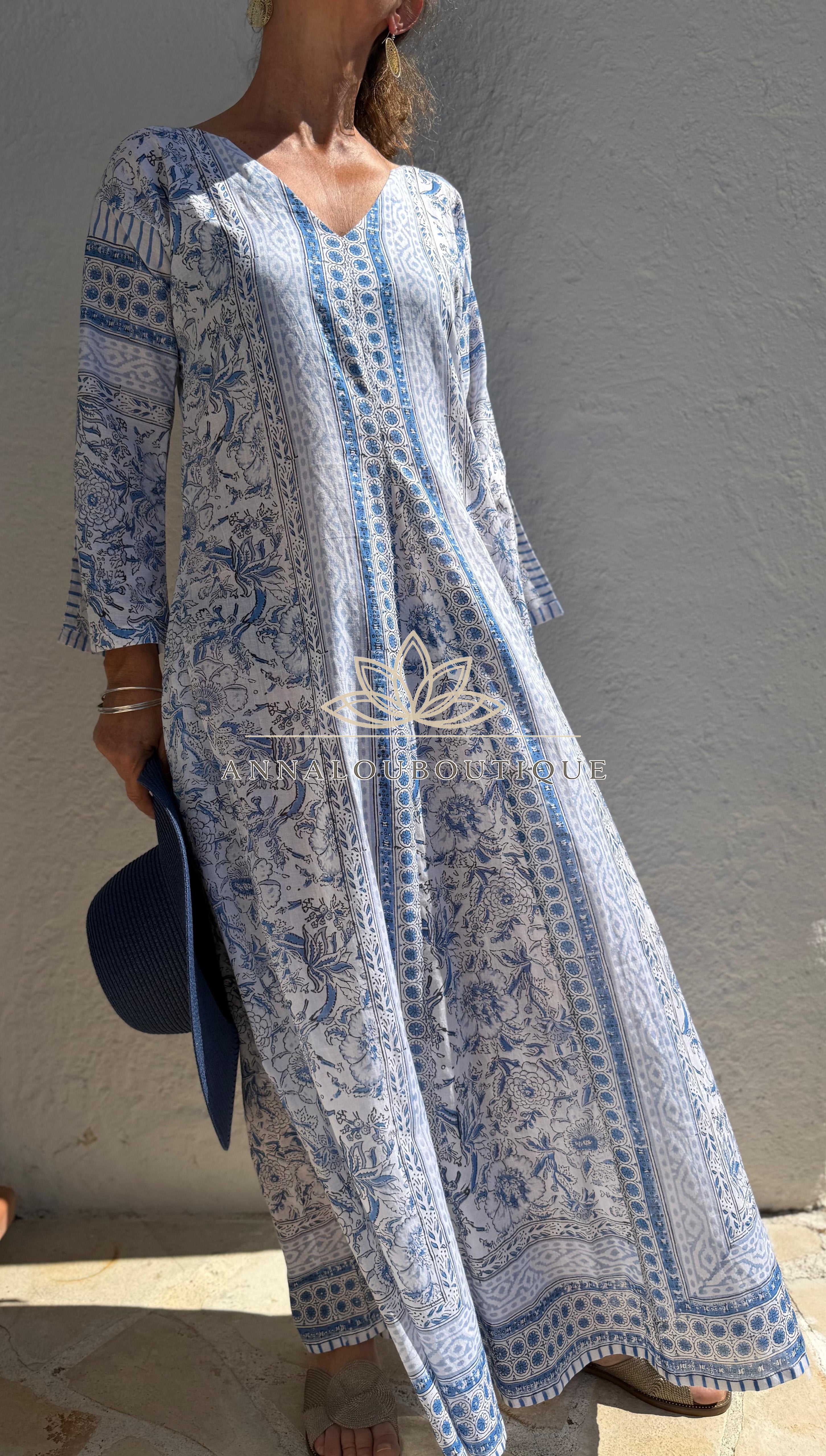 Long Soft Cotton Kaftan – Light Blue Floral Beach Cover Up, Flowy Boho Summer Dress, Breathable Cotton Resort Wear, Handmade Fashion Annalou Design