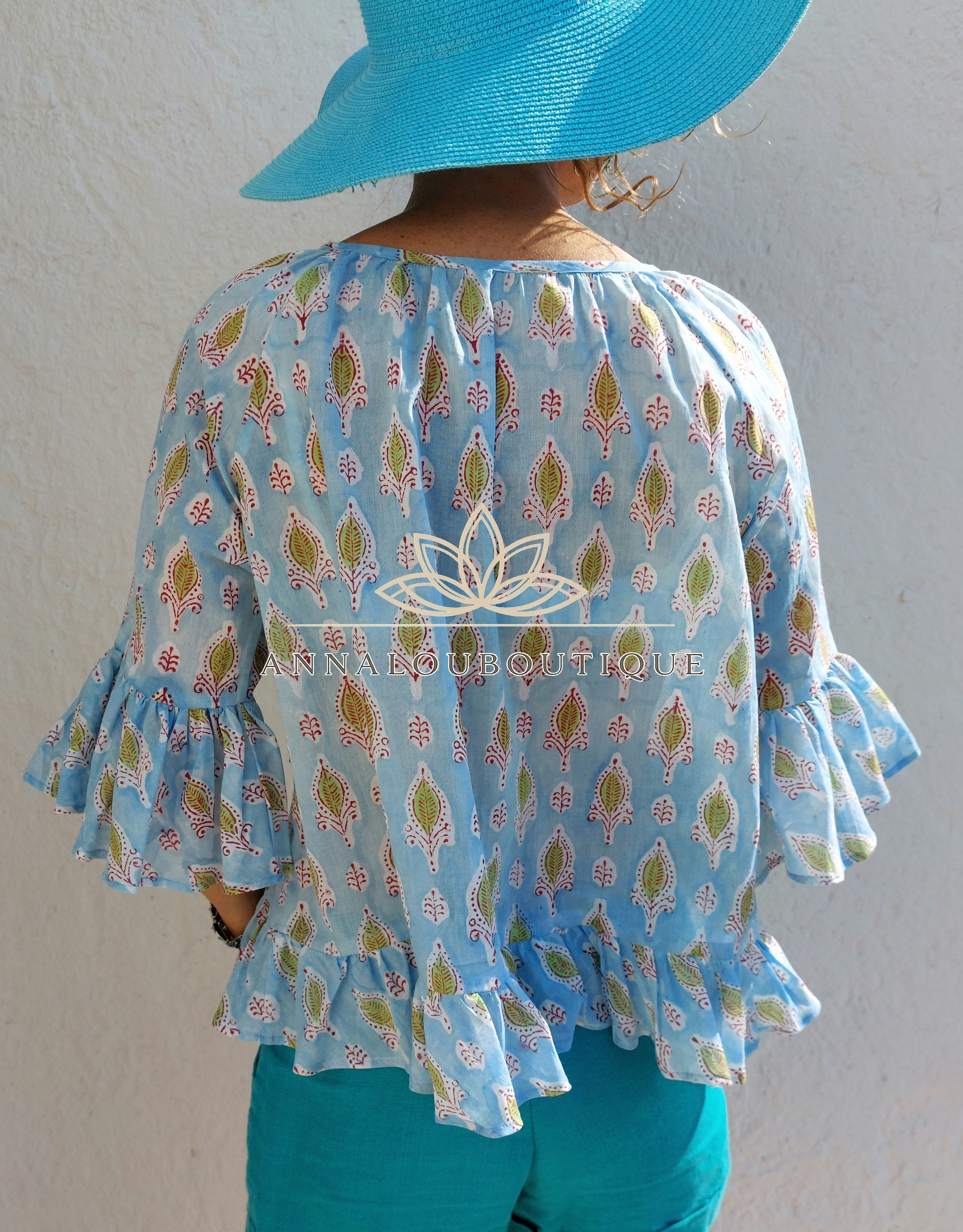 Soft Cotton Ruffled Top – Sky Blue Print Summer Blouse Annalou Design