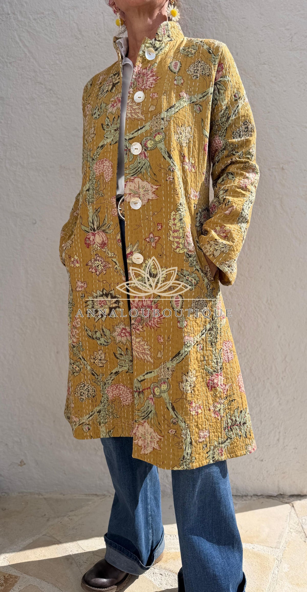 Manteau redingote en coton à hortensias roses