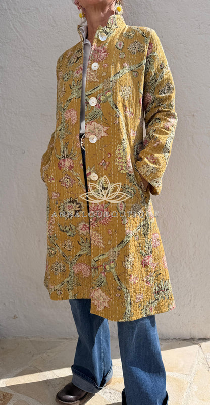 Manteau redingote en coton à hortensias roses