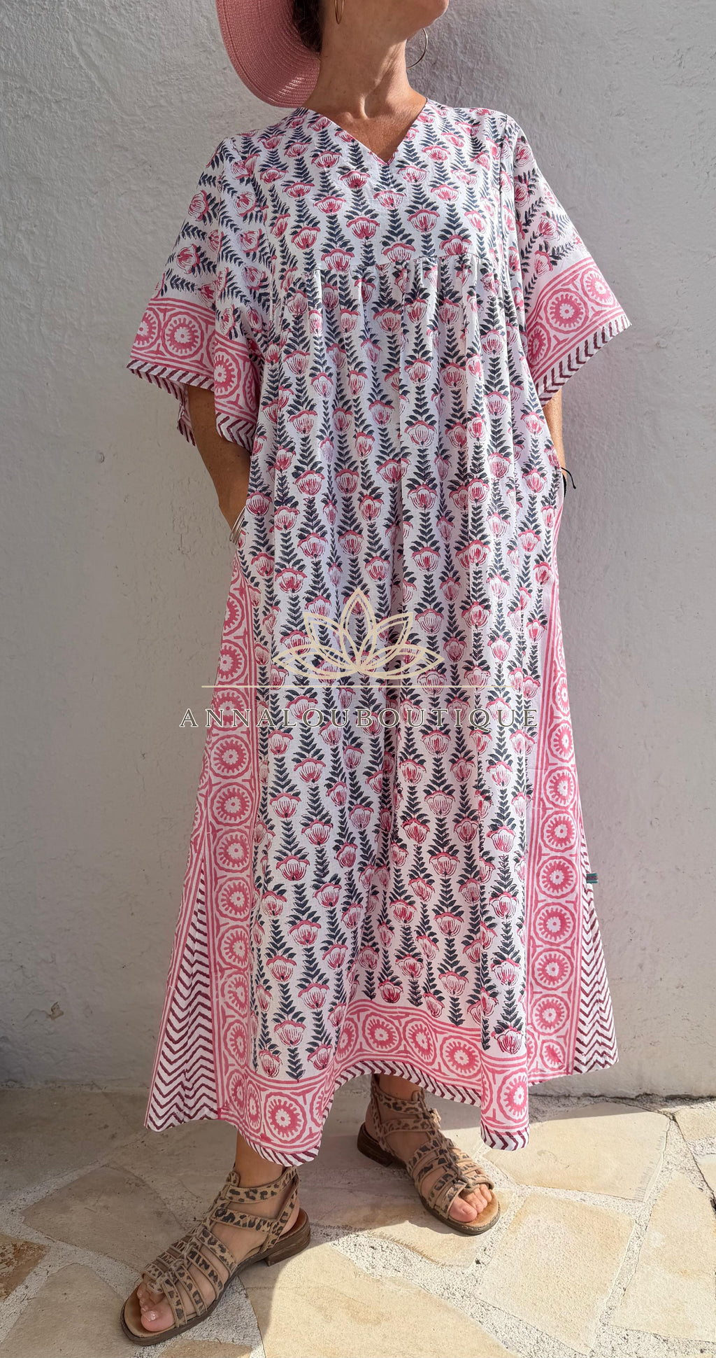 Oversized Cotton Dress – Hand Block Print Boho Dress, Soft Cotton Summer Outfit, Navy Blue Pattern Dress with Pink Border, Maxi Dress Annalou Design