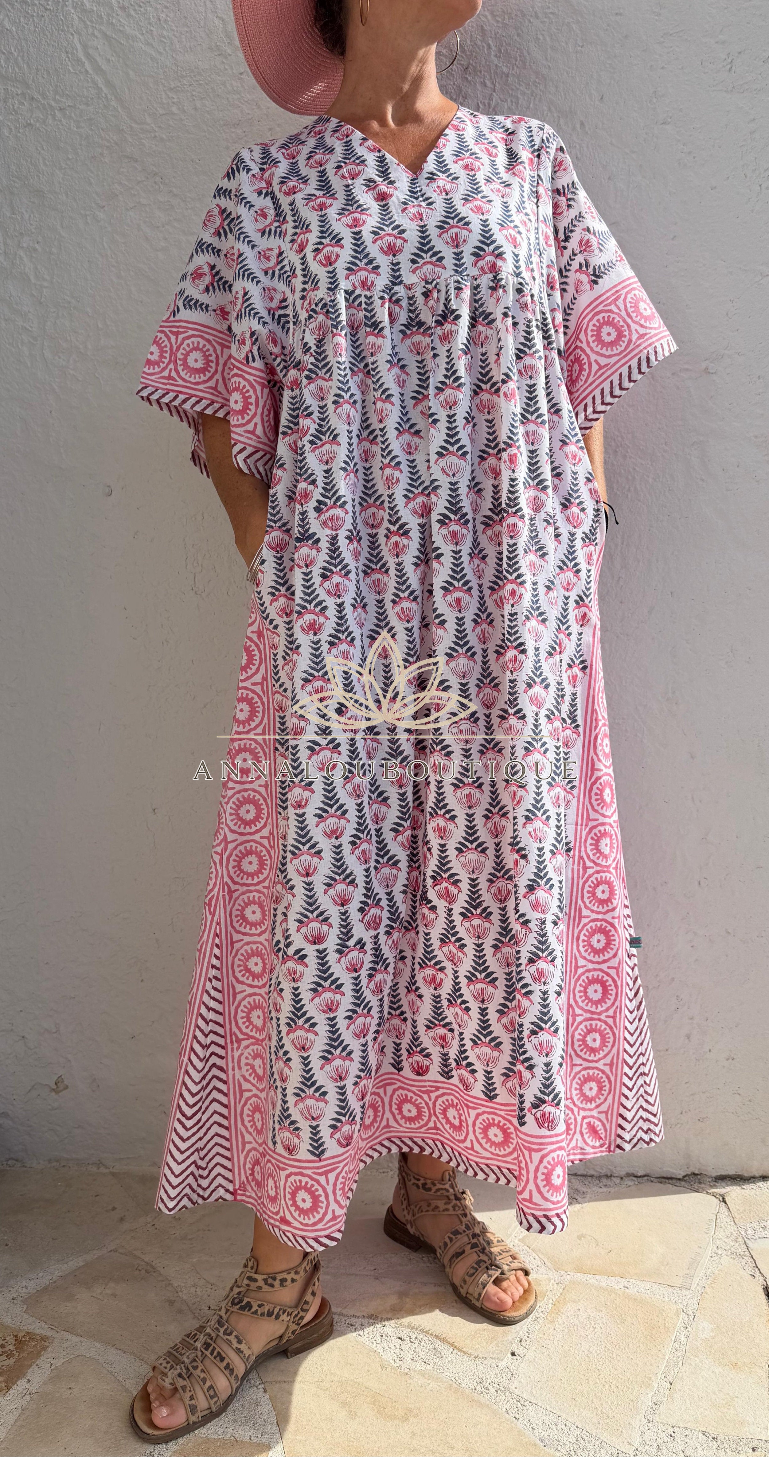 Oversized Cotton Dress – Hand Block Print Boho Dress, Soft Cotton Summer Outfit, Navy Blue Pattern Dress with Pink Border, Maxi Dress Annalou Design