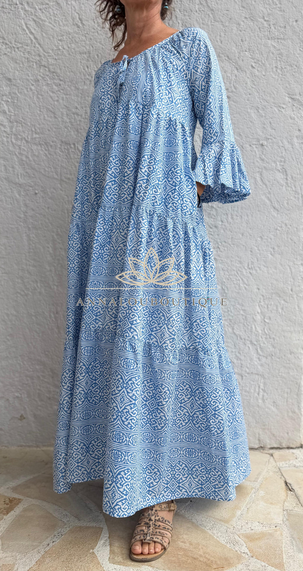 Boheme Chic Cotton Maxi Dress – Blue & White Geometric Ruffled Summer Dress Annalou Design