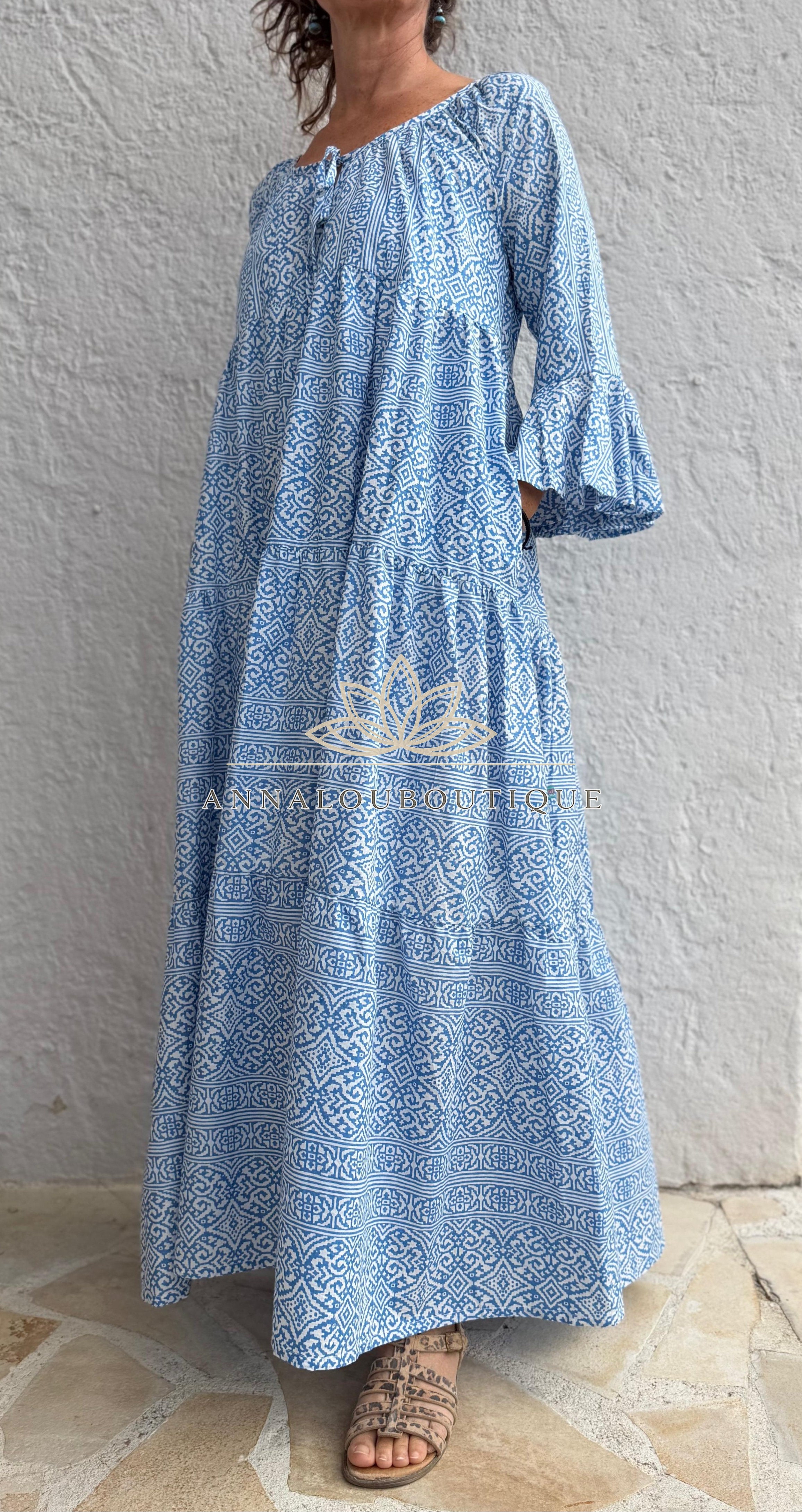 Boheme Chic Cotton Maxi Dress – Blue & White Geometric Ruffled Summer Dress Annalou Design