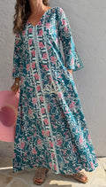 Teal & Pink Floral Cotton Kaftan – Flared Boho Maxi Dress, Soft Beach & Resort Wear Annalou Design