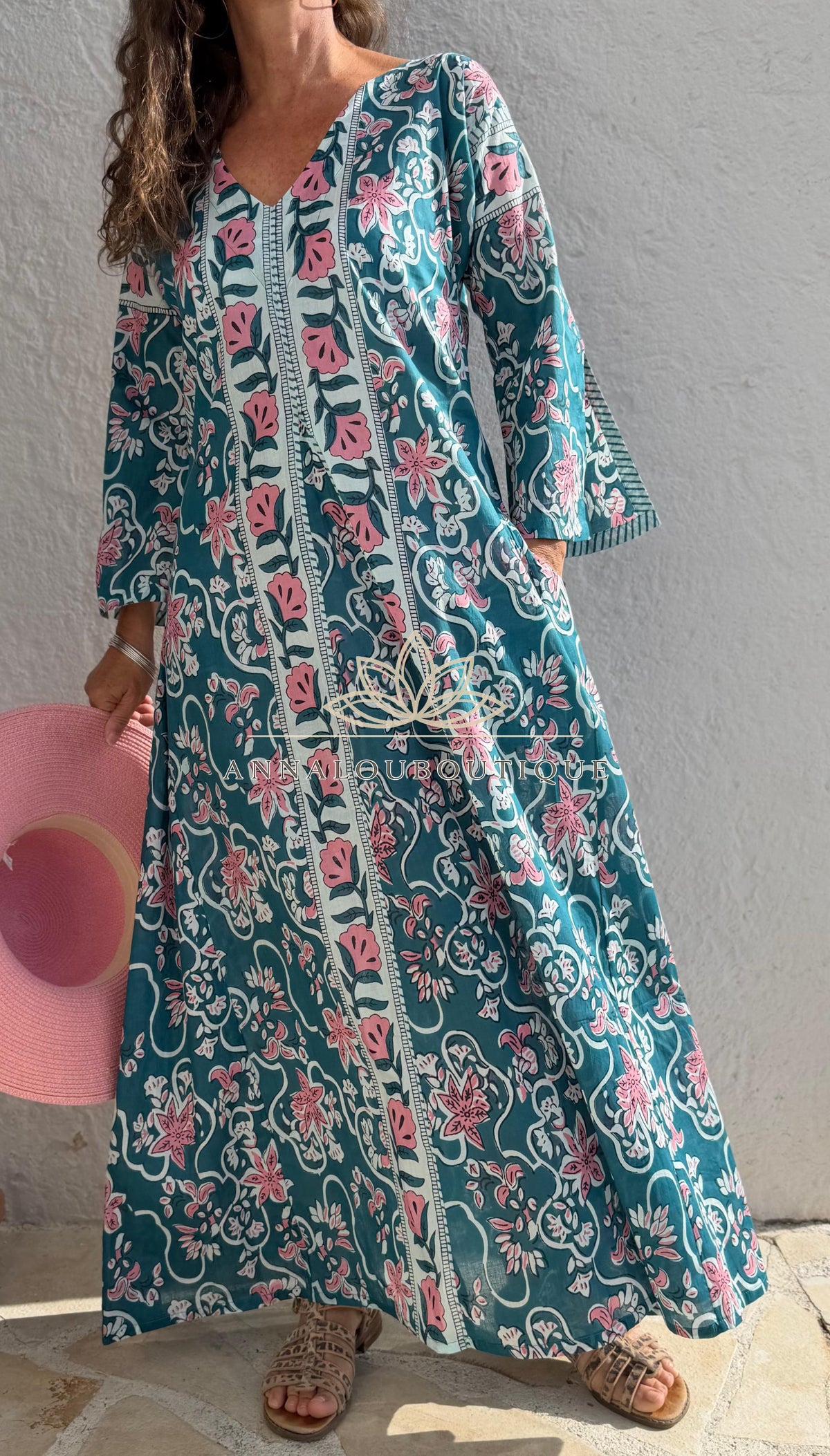 Long flared cotton kaftan in teal and pink