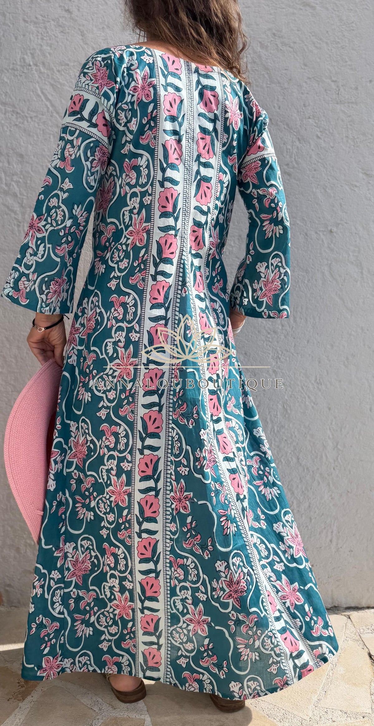 Long flared cotton kaftan in teal and pink