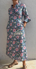 long wrap dress in cotton,floral print with pink flowers,ruffled collar,3/4 sleeves with ruffles,kimono shape, hippie chic dress,teal color Annalou Design