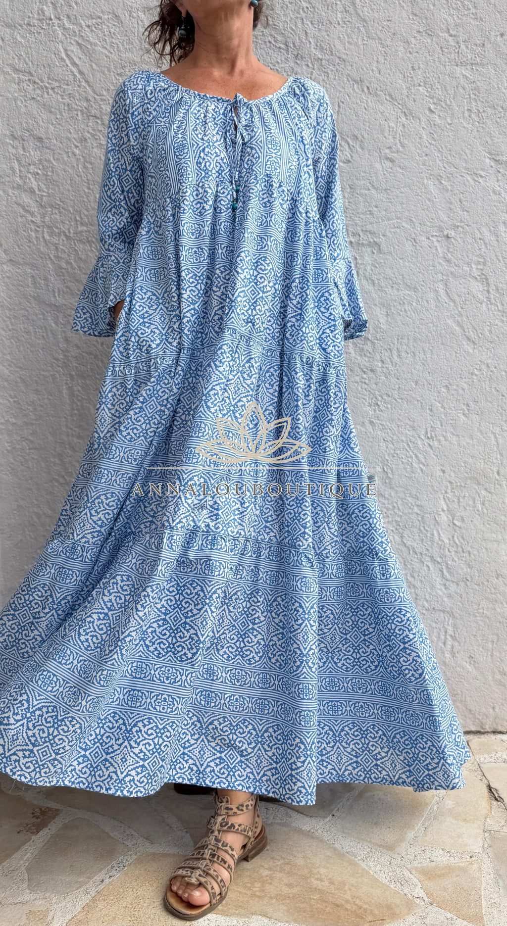 Boheme Chic Cotton Maxi Dress – Blue & White Geometric Ruffled Summer Dress Annalou Design