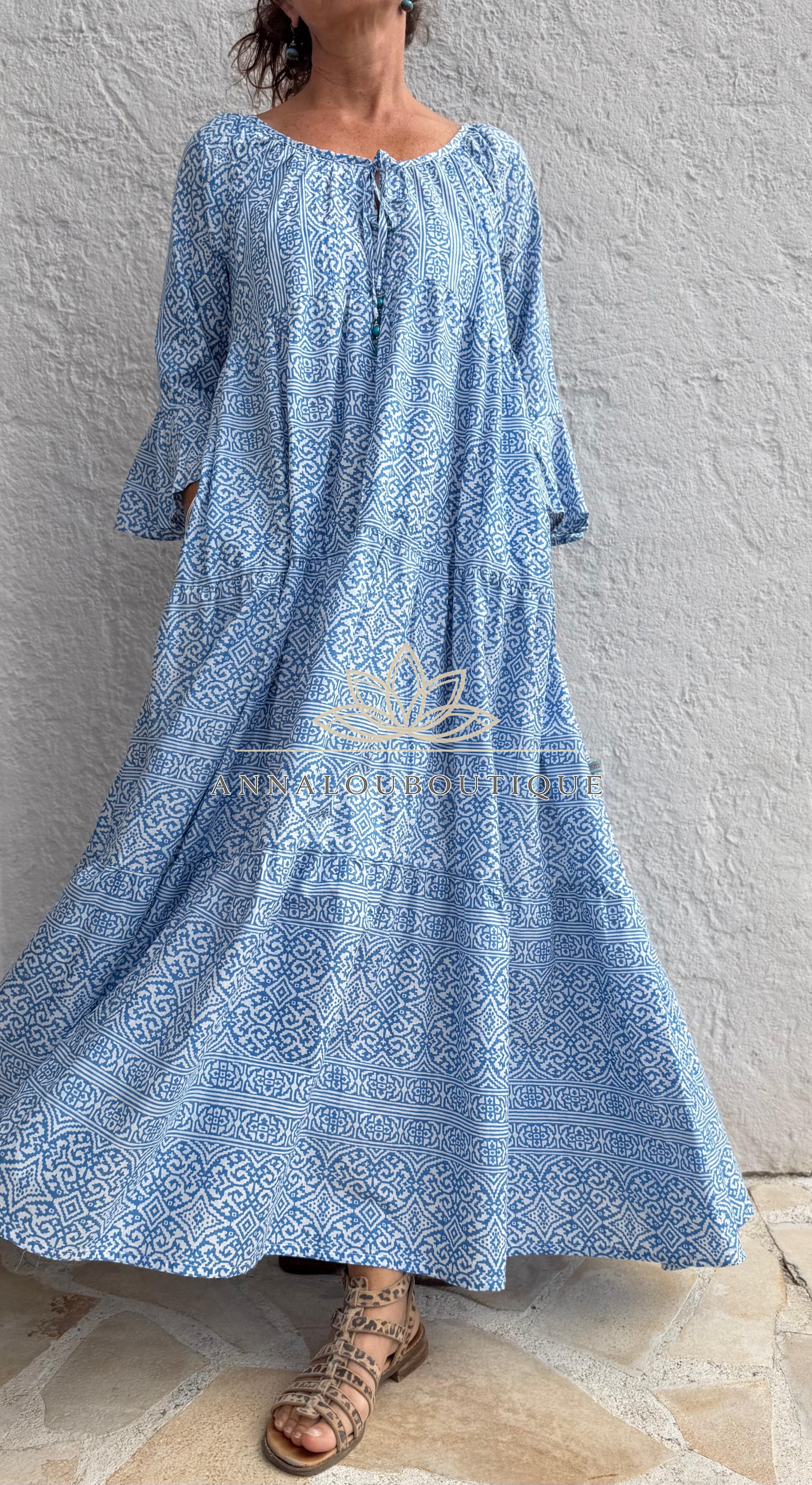 Boheme Chic Cotton Maxi Dress – Blue & White Geometric Ruffled Summer Dress Annalou Design