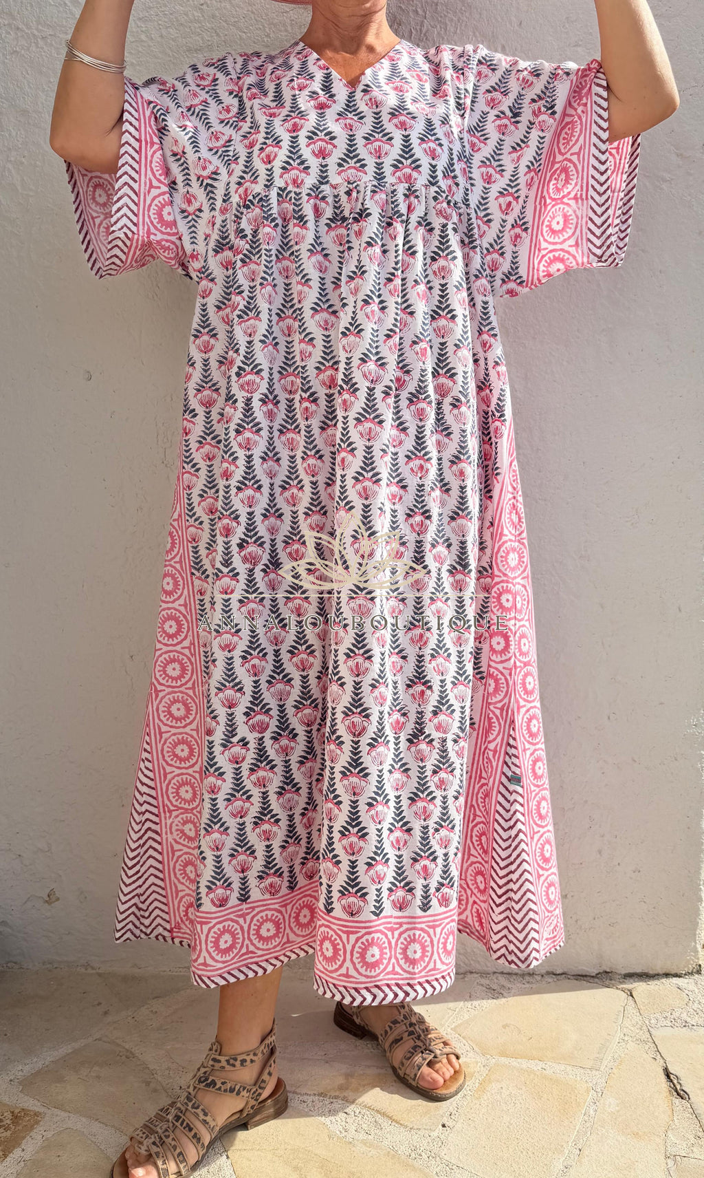 Oversized Cotton Dress – Hand Block Print Boho Dress, Soft Cotton Summer Outfit, Navy Blue Pattern Dress with Pink Border, Maxi Dress Annalou Design