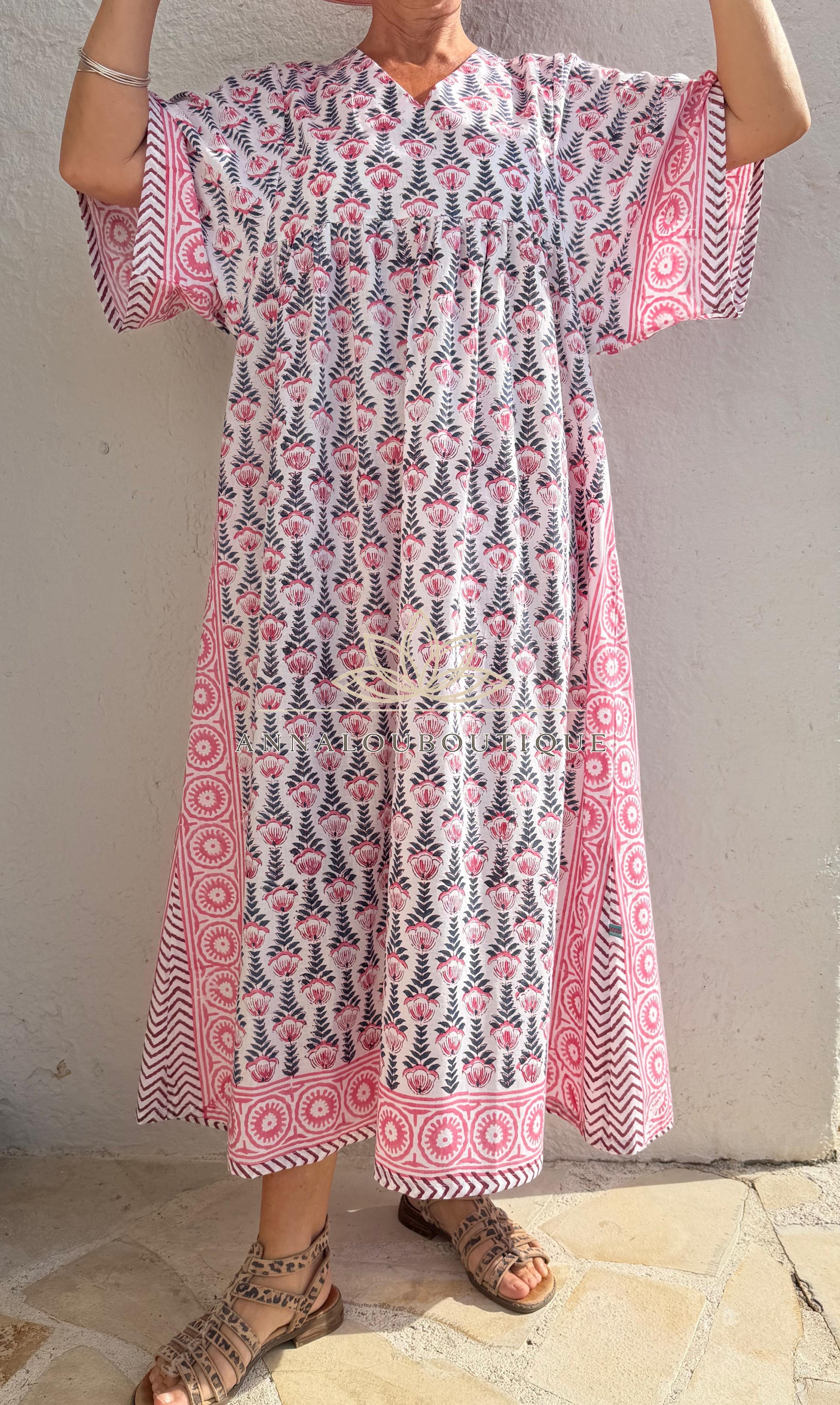 Oversized Cotton Dress – Hand Block Print Boho Dress, Soft Cotton Summer Outfit, Navy Blue Pattern Dress with Pink Border, Maxi Dress Annalou Design