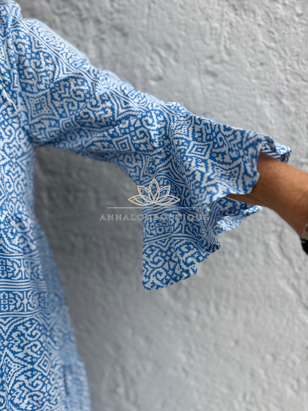 Boheme Chic Cotton Maxi Dress – Blue & White Geometric Ruffled Summer Dress Annalou Design