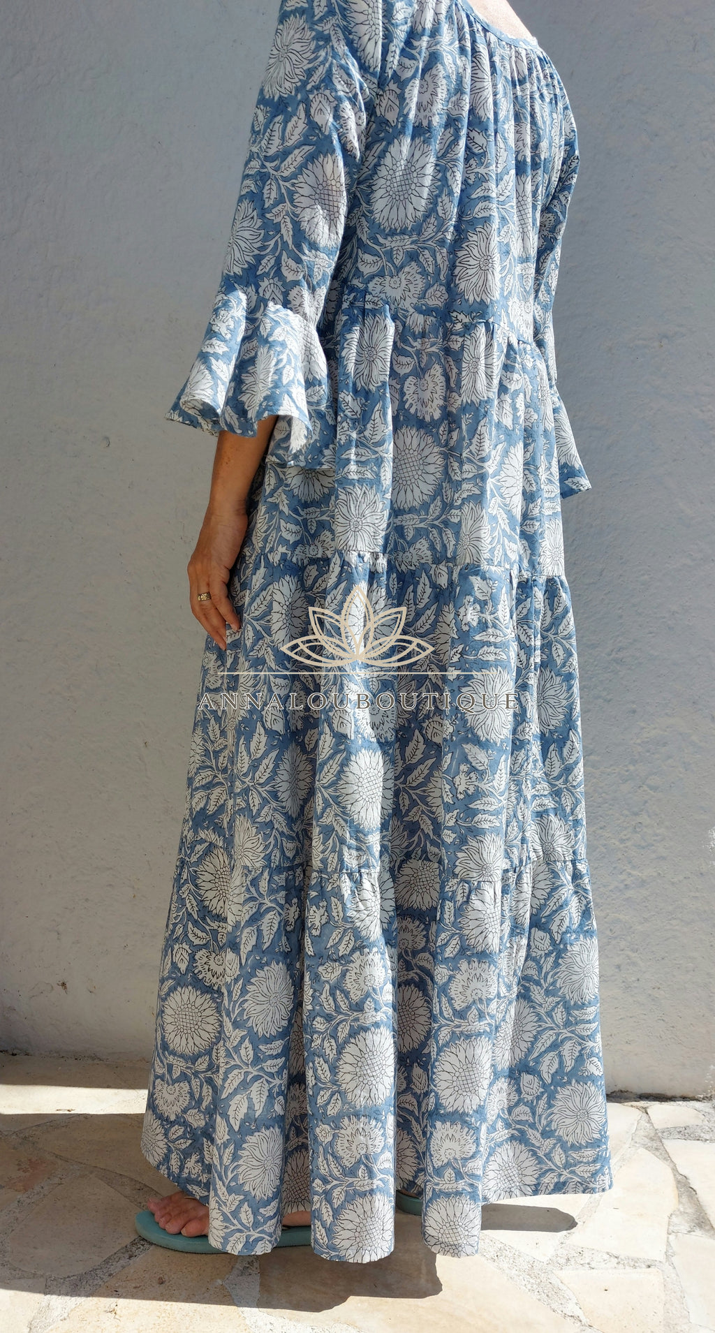 Boheme Chic Cotton Maxi Dress – Blue Grey Summer Dress with Ruffled Sleeves Annalou Design