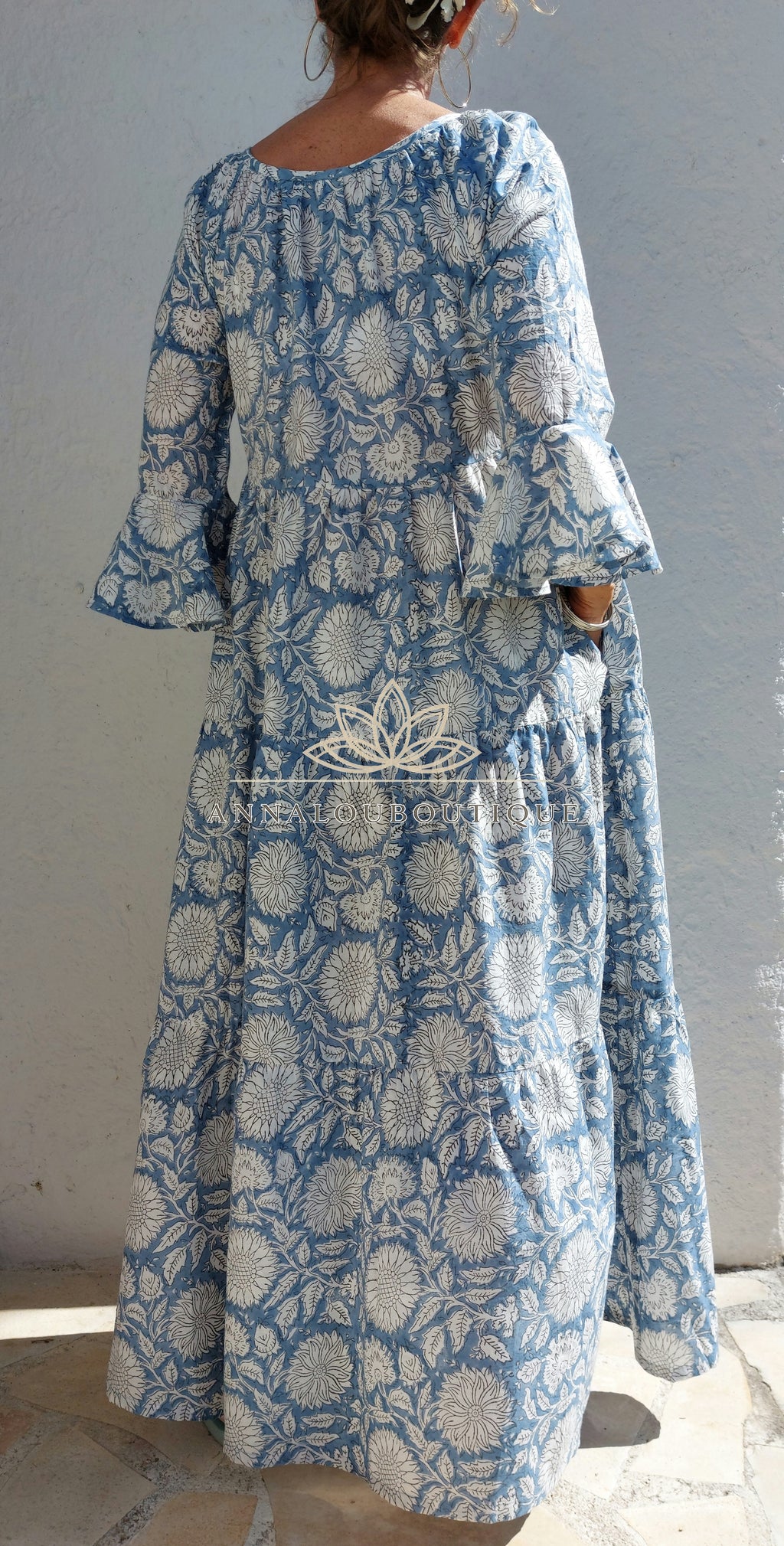 Boheme Chic Cotton Maxi Dress – Blue Grey Summer Dress with Ruffled Sleeves Annalou Design