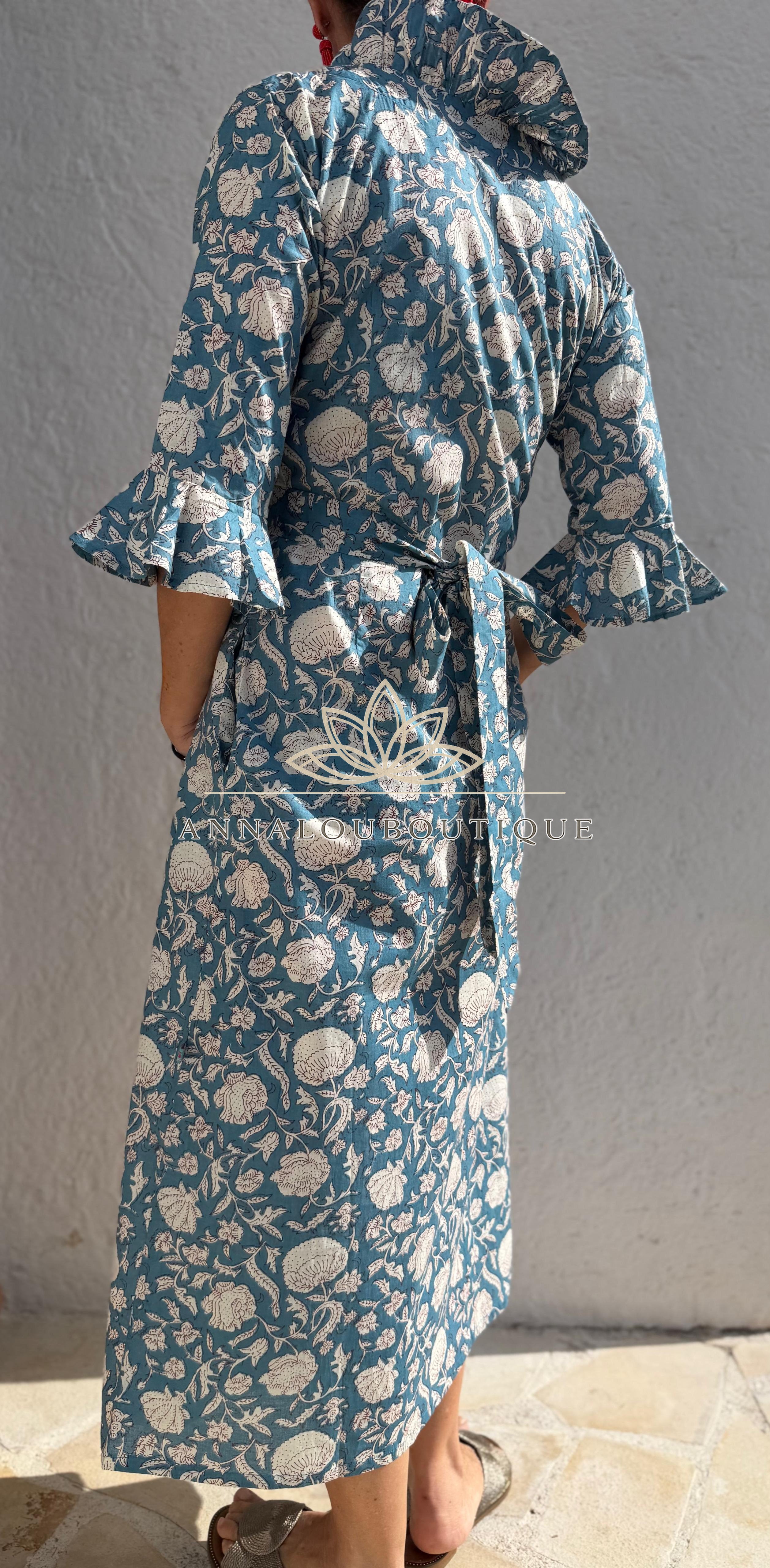 Long Floral Wrap Dress – Blue Grey Boho Chic Maxi Dress, Flowy Cotton Summer Resort Wear Annalou Design