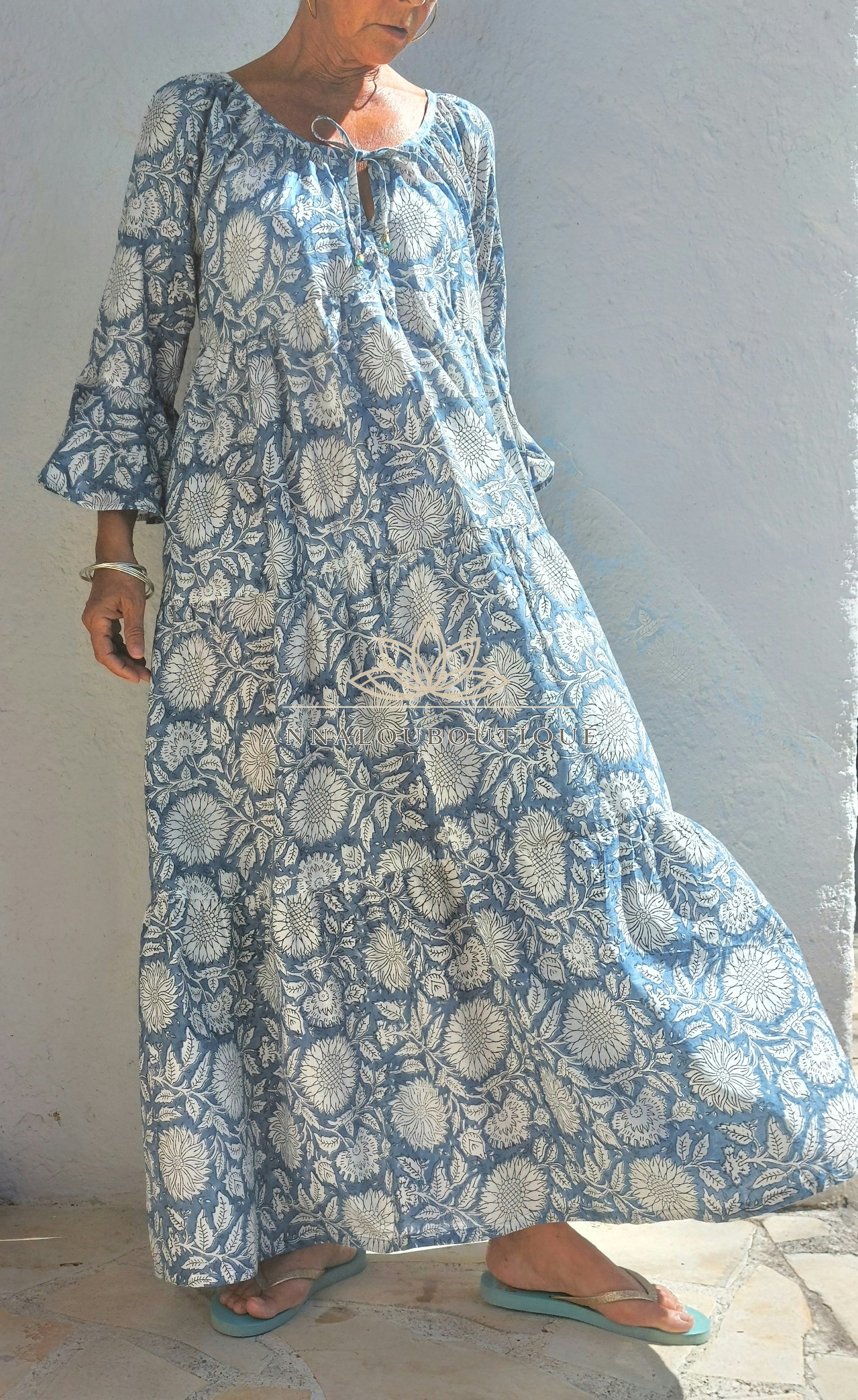 Boheme Chic Cotton Maxi Dress – Blue Grey Summer Dress with Ruffled Sleeves Annalou Design