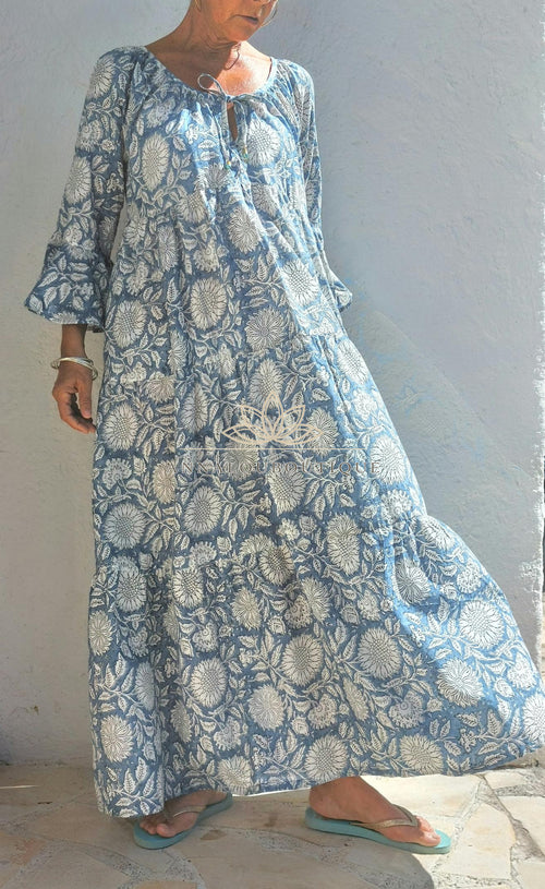 Boheme Chic Cotton Maxi Dress – Blue Grey Summer Dress with Ruffled Sleeves Annalou Design