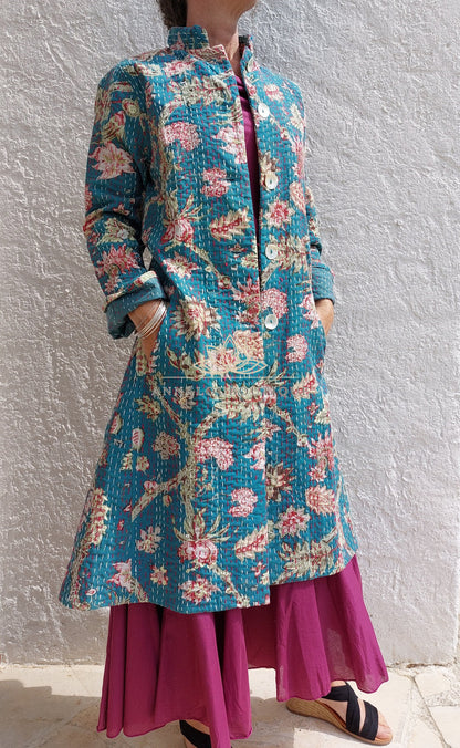 Teal frock coat with pink hydrangeas