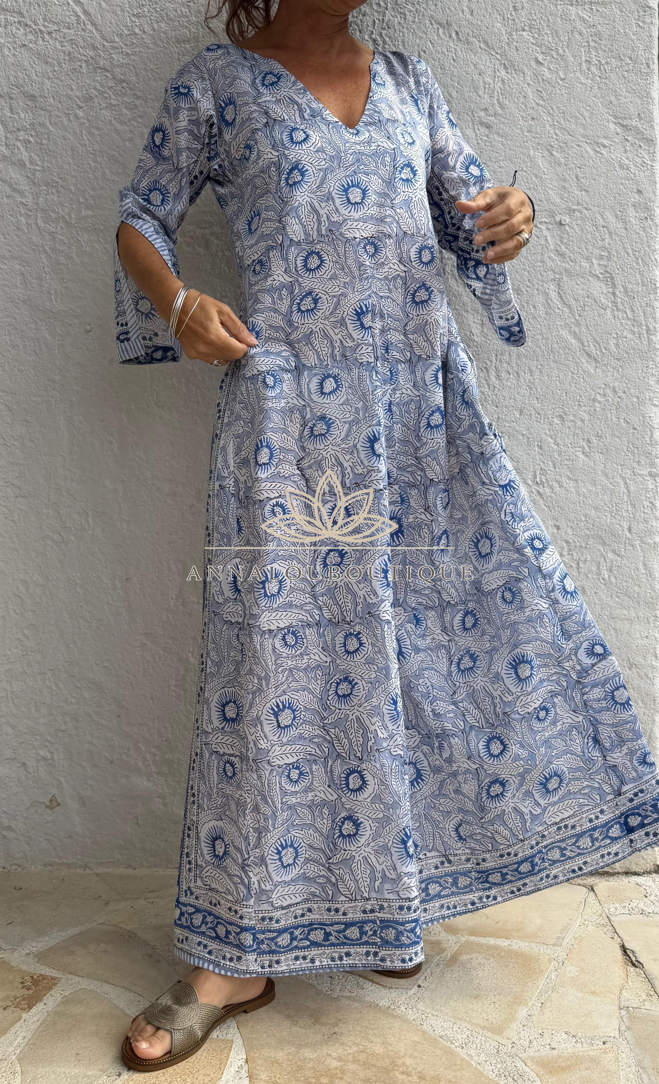 Long Soft Cotton Kaftan – Blue Floral Boho Summer Dress, Flowy Beach Resort Wear Annalou Design