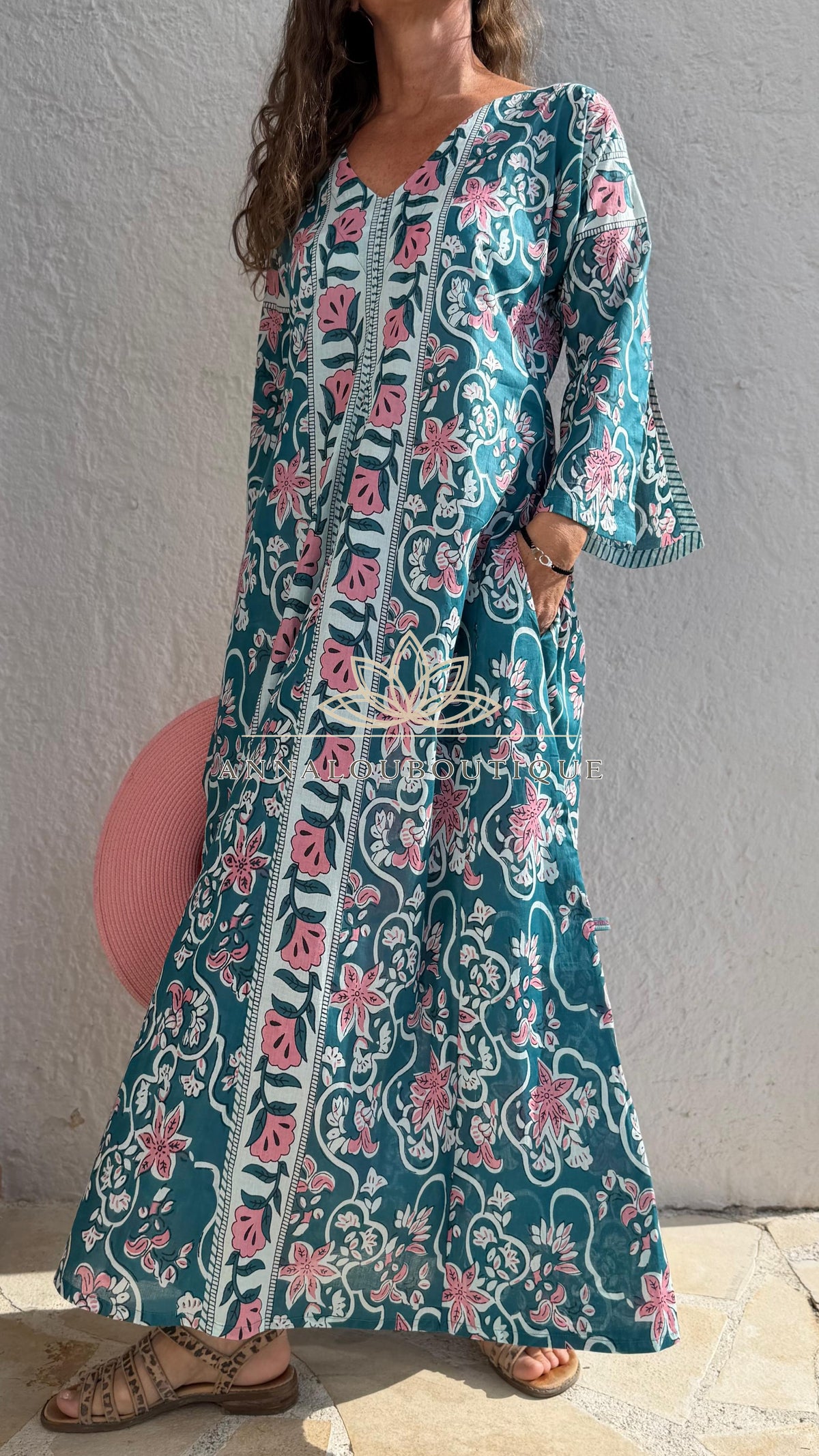 Long flared cotton kaftan in teal and pink